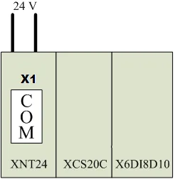 Schleicher XCx system hardware modules showing XNT24 power supply, XCS20C controller, and X6DI8D10 I/O module mounted together.
