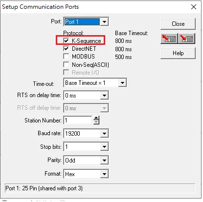 Setup Communication Ports dialog in DirectSoft with K-Sequence protocol selected, Station Number 1, Baud Rate 19200, Stop Bits 1, Parity Odd.