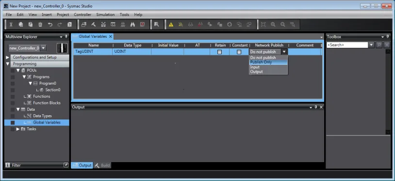 Sysmac Studio Global Variables panel with the Network Publish dropdown open and Publish Only option highlighted.