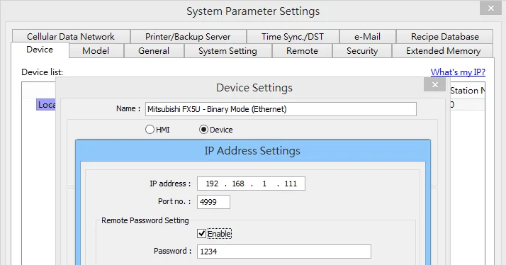 System Parameter Settings window showing the Device Settings dialog for Mitsubishi FX5U Binary Mode (Ethernet), with IP Address set to 192.168.1.111 and Port No. set to 4999.