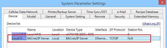System Parameter Settings window showing BACnet/IP Server device added with Ethernet interface and TCP/IP protocol.