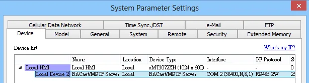 System Parameter Settings dialog with Local Device 2 configured as BACnet/MSTP Server on COM 2 (38400, N, 8, 1) RS485 2W interface.