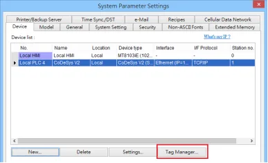 System Parameter Settings window showing CoDeSys V2 (Symbolic Addressing) driver configured with Ethernet interface and TCP/IP protocol on port 1200.