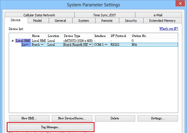 System Parameter Settings dialog on the Device tab showing a Bosch Rexroth SIS driver on COM 1 via RS232, with the Tag Manager button highlighted.
