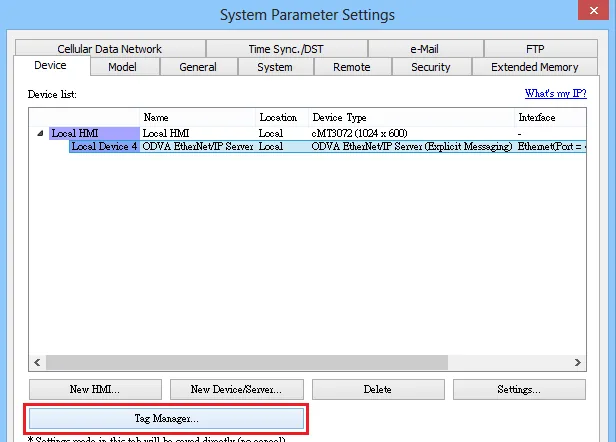 System Parameter Settings dialog showing the Device tab with a Local Device configured as ODVA EtherNet/IP Server (Explicit Messaging) and the Tag Manager button highlighted.
