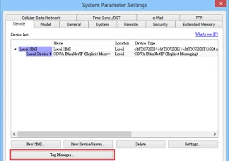 System Parameter Settings window showing Local HMI device list with an ODVA EtherNet/IP Extension (Explicit Messaging) device configured, and the Tag Manager button highlighted.