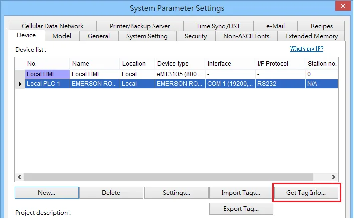 System Parameter Settings dialog with Local PLC 1 configured as EMERSON ROC800 Series via RS232 COM 1, and the Get Tag Info button highlighted.