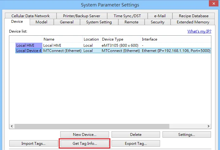 System Parameter Settings window showing Local Device 4 configured as MTConnect (Ethernet) with IP address 192.168.1.106 and Port 5000, with the Get Tag Info button highlighted.