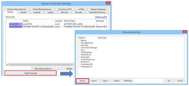 System Parameter Settings dialog in EasyBuilder Pro showing the Tag Manager button highlighted for adding TOSVERT VF driver tags.