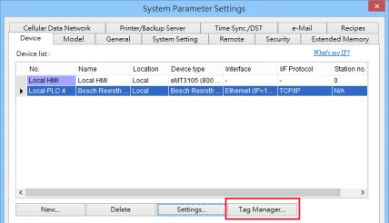 System Parameter Settings window with Bosch Rexroth IndraControl driver listed as Local PLC 4, with the Tag Manager button highlighted.
