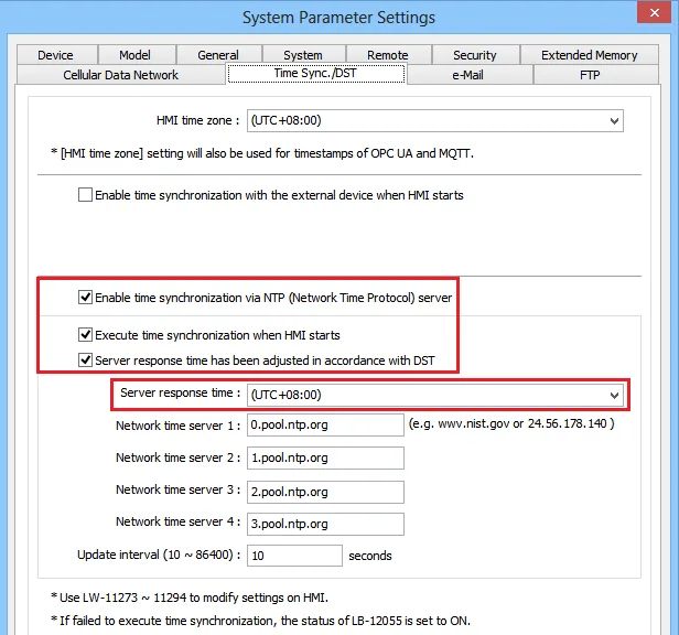 System Parameter Settings window open to the Time Sync./DST tab, showing NTP server options enabled with pool.ntp.org servers configured.