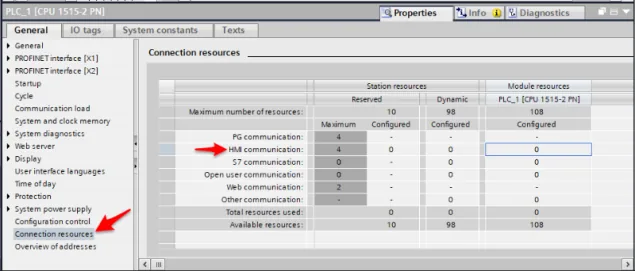 TIA Portal PLC Properties Connection resources panel showing Station resources and Module resources with HMI communication set to 4 maximum connections.