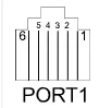 Connector view from soldering point showing RJ12 6-pin layout for JTEKT Toyopuc PCk06 CPU Port1 RS-232 connection.