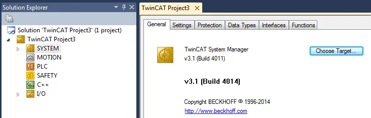 TwinCAT System Manager v3.1 showing Solution Explorer tree with SYSTEM, MOTION, PLC, SAFETY, C++, and I/O nodes, and a Choose Target button.