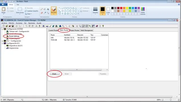 TwinCAT System Manager showing Route Settings selected in the left panel and the Static Routes tab with the HMI route listed; the Add button is highlighted.