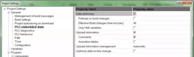 Unity Pro XL Project Settings dialog showing PLC embedded data options with Data Dictionary checkbox enabled.