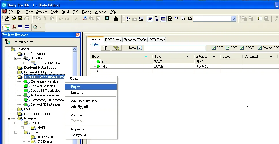 Unity Pro XL Variables and FB Instances editor with the right-click context menu open showing the Export option.