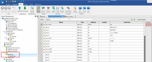 UpperLogic software showing the Global Tag list with the Export button highlighted in the top-right corner of the Device View panel.