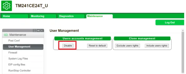 TM241CE24T_U web interface Maintenance tab showing User Management with the Disable button highlighted under Users accounts management.