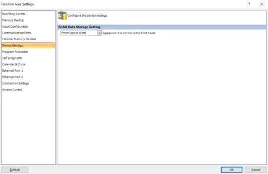 WindLDR Function Area Settings dialog with Device Settings selected, showing 32-bit Data Storage Setting configured to From Upper Word.