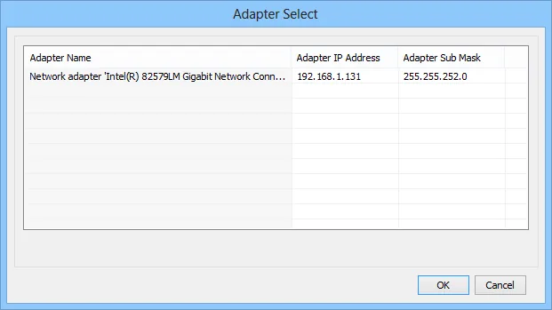 Adapter Select dialog listing available network adapters with their IP addresses and subnet masks for selection.