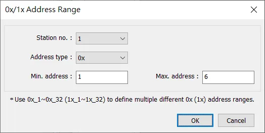 Address Range Limit dialog for 0x coil registers showing Min value set to 1 and Max value set to 6.