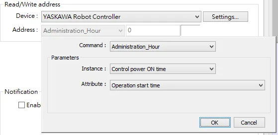 Read/Write address dialog with Command set to Administration_Hour, Instance set to Control power ON time, and Attribute set to Operation start time.