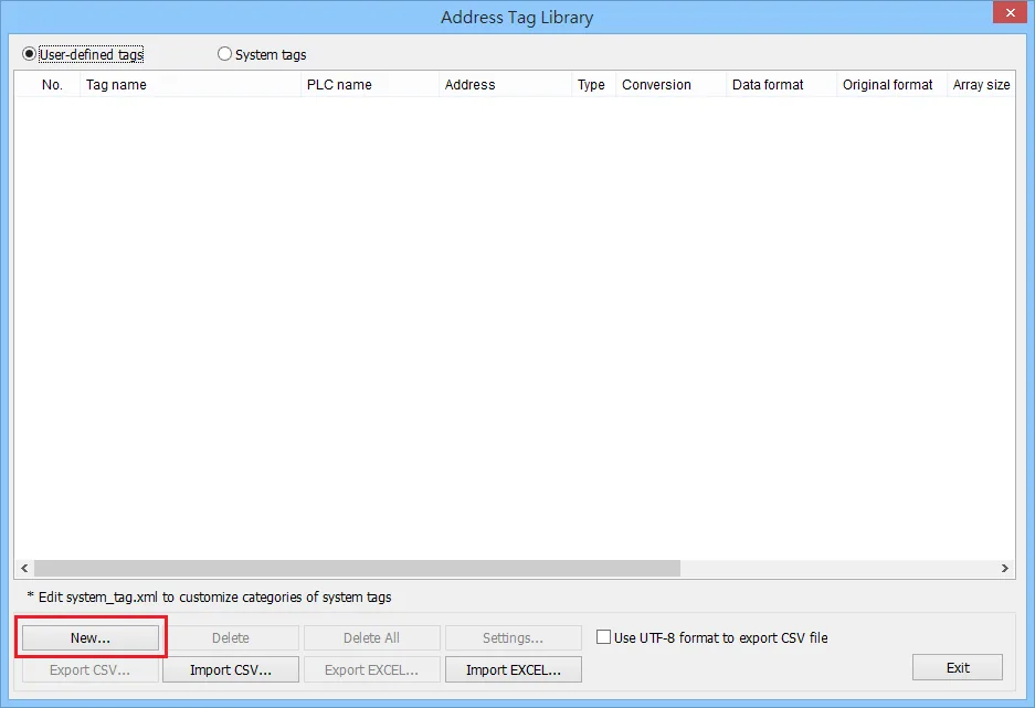 Address Tag Library User-Defined Tags Address Tag Library dialog with User-defined tags selected and the New button highlighted in red.