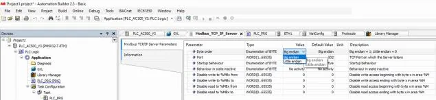 Automation Builder full view showing the Modbus TCP/IP Server Parameters list with byte order highlighted as Big Endian.