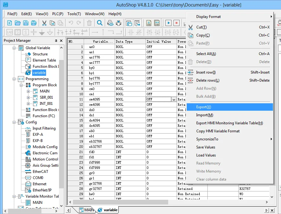 AutoShop Variable Export Context Menu AutoShop variable editor with right-click context menu open, showing the Export option highlighted in blue.