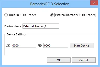 Barcode/RFID Selection External Device Barcode/RFID Selection dialog with External Barcode/RFID Reader selected and Device Name set to External Reader_1.