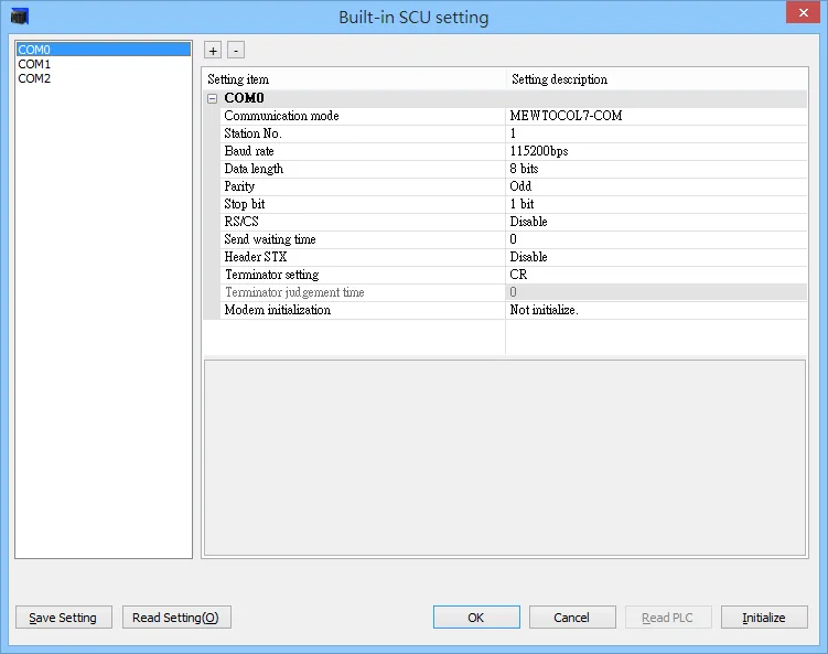 Built-in SCU setting dialog with COM0 selected, showing Communication mode set to MEWTOCOL7-COM, Station No. 1, Band rate 115200bps, Data length 8 bits, Parity Odd, Stop bit 1 bit.