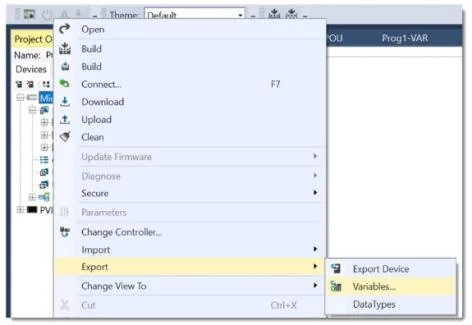 CCW Export Variables Context Menu Connected Components Workbench Project Organizer with right-click context menu open on the Micro800 controller, showing Export > Variables option highlighted.