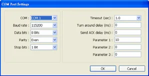 COM Port Settings dialog showing baud rate 115200, 8 data bits, Even parity, 1 stop bit for HMI-HMI link.