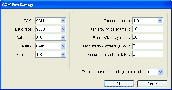 EasyBuilder COM Port Settings dialog showing baud rate 9600, parity Even, High station address set to 3, and Gap update factor set to 1.