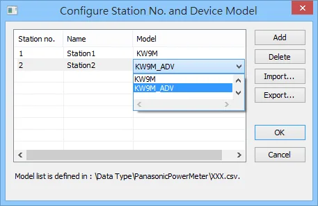 Configure Station No. and Device Model dialog showing two stations with KW9M and KW9M_ADV models, and the model drop-down list open.