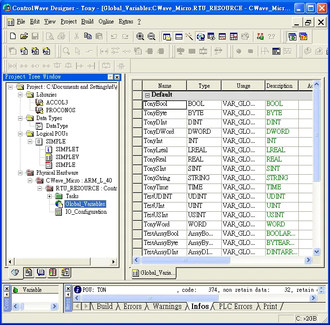 ControlWave Designer Global Variables Tags ControlWave Designer showing the Global Variables panel with a list of tags including TonyBool, TonyByte, TonyDInt, and others with their data types and usage.