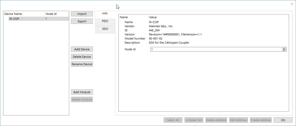 Device Manager window showing the iR-COP device with the Info tab open, displaying device name, vendor, ID, version, and Node ID fields.