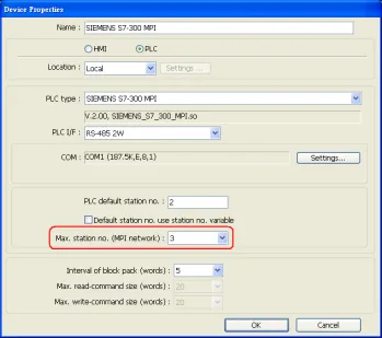 Device Properties dialog for SIEMENS S7-300 MPI showing Max. station no. (MPI network) set to 3, with PLC default station no. set to 2.