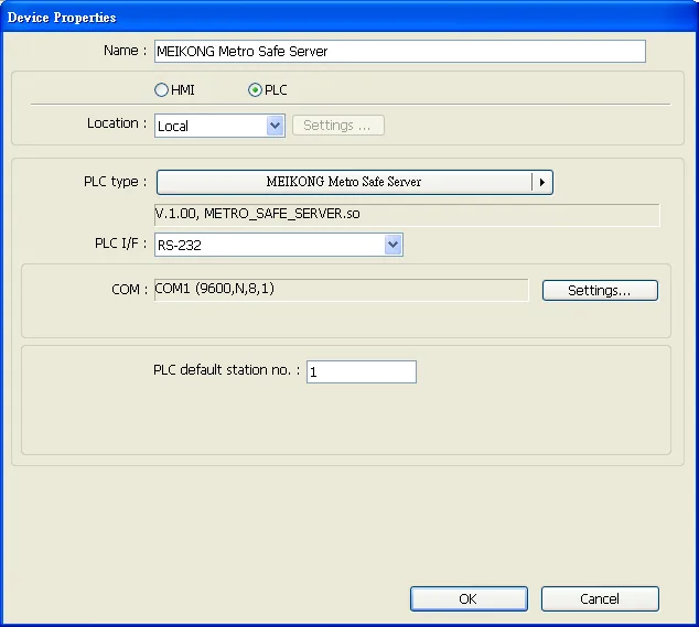 Device Properties dialog showing MEIKONG Metro Safe Server PLC type selected with RS-232 interface at COM1 (9600,N,8,1).