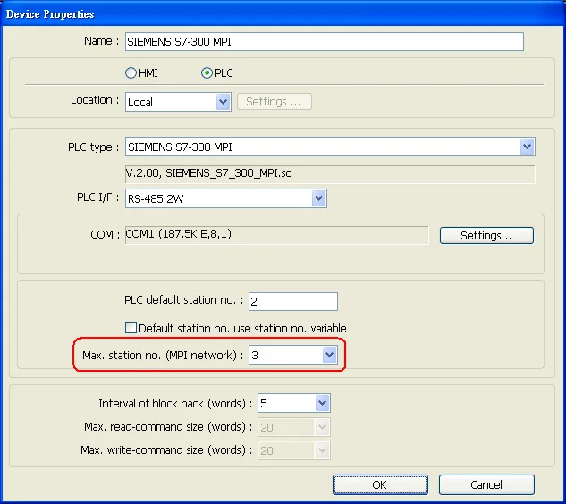 Device Properties dialog for SIEMENS S7-300 MPI showing PLC I/F set to RS-485 2W, COM1 at 187.5K,E,8,1, PLC default station no. 2, and Max. station no. (MPI network) set to 3.