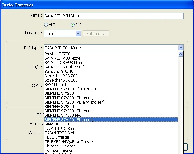 Device Properties Siemens S7-400 Ethernet PLC Type Device Properties dialog with PLC type dropdown open and SIEMENS S7/400 (Ethernet) highlighted in the list.