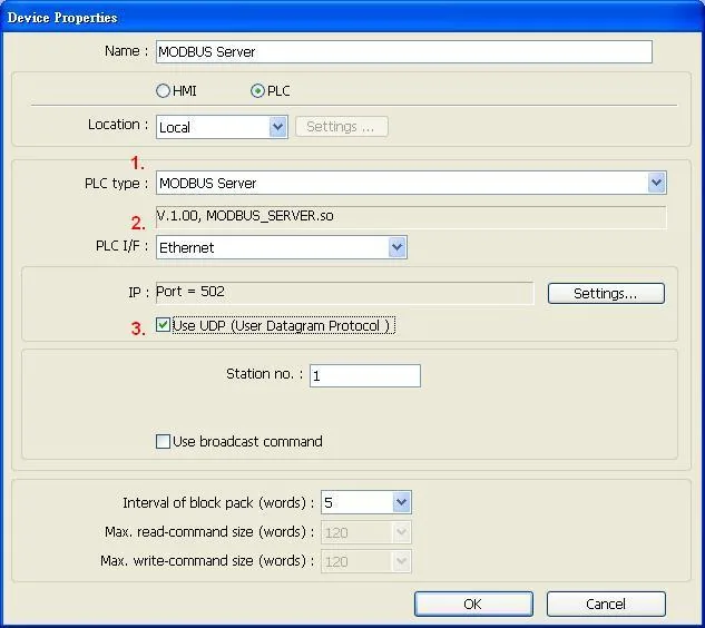 Device Properties dialog with PLC type set to MODBUS Server, PLC I/F set to Ethernet, and the Use UDP (User Datagram Protocol) checkbox checked.