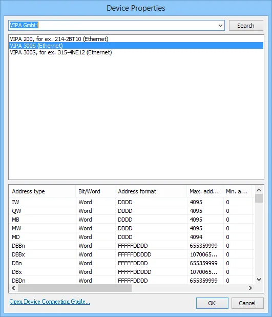 Device Properties VIPA 300S Ethernet Selection Device Properties dialog showing VIPA GmbH manufacturer filter and VIPA 300S (Ethernet) selected from the device list.