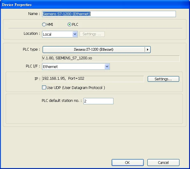 EasyBuilder Device Properties dialog with PLC type set to Siemens S7-1200 (Ethernet), PLC I/F set to Ethernet, and IP 192.168.1.95, Port=102.