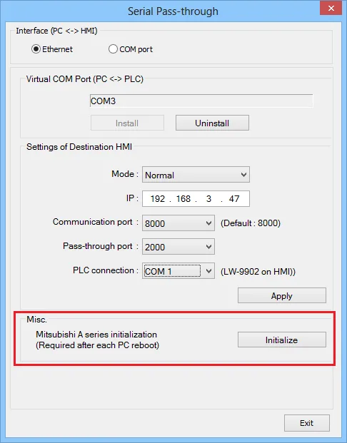 EasyBuilder Serial Pass-through dialog with Mitsubishi A series initialization button highlighted in the Misc section.