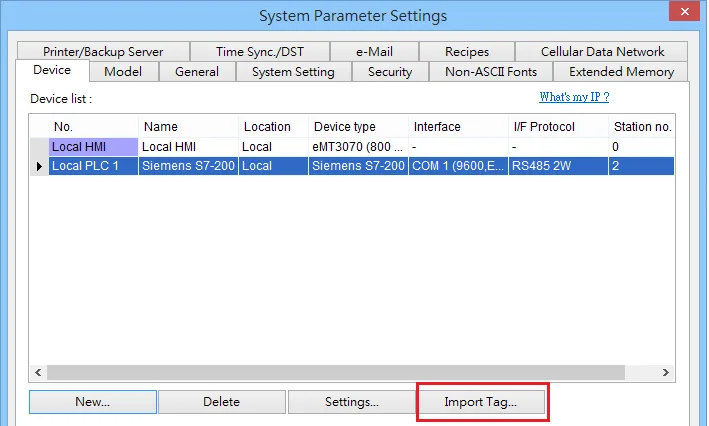 EasyBuilder System Parameter Settings Device tab showing Siemens S7-200 driver configured with RS485 2W on COM 1 at 9600 baud, with the Import Tag button highlighted.