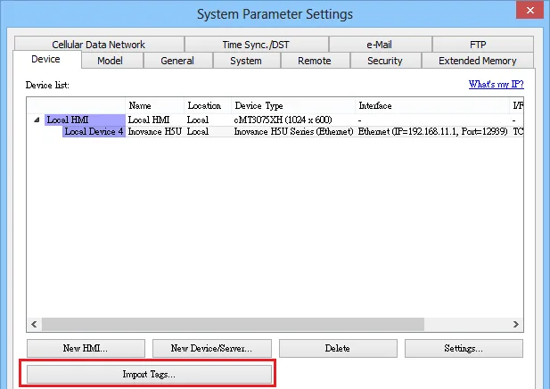 EasyBuilder System Parameter Settings Import Tags EasyBuilder Pro System Parameter Settings Device tab showing Inovance H5U device entry with the Import Tags button highlighted.