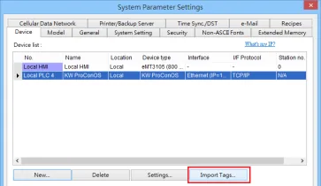 EasyBuilder Pro System Parameters Import Tags EasyBuilder Pro System Parameter Settings window showing KW ProConOS device on the Device tab with the Import Tags button highlighted.