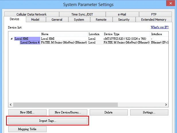 EasyBuilderPro System Parameter Settings dialog showing the Device tab with FATEK M Series (Modbus) (Ethernet) listed, and the Import Tags button highlighted.